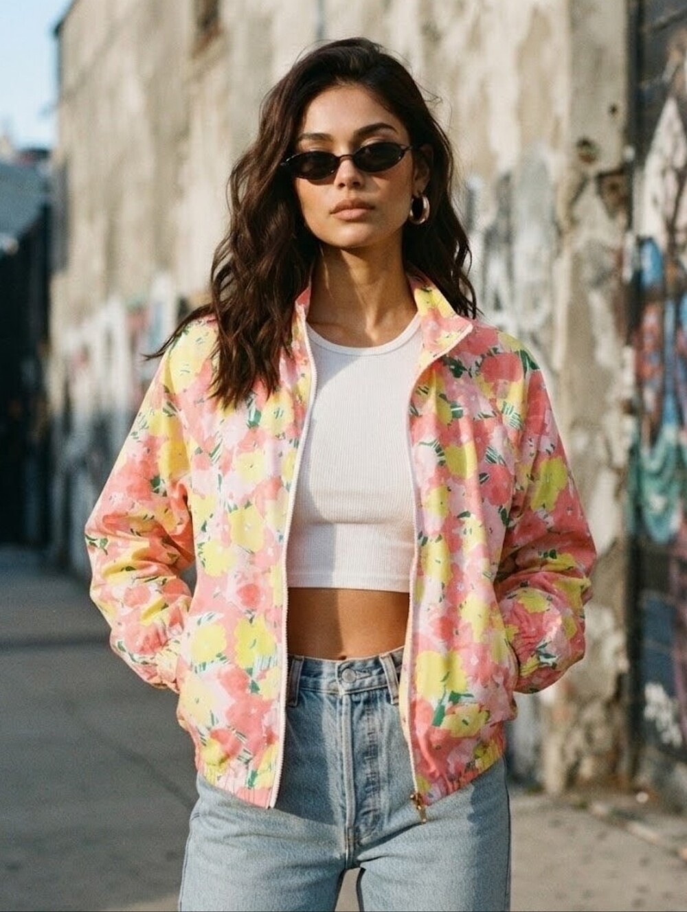 Ruby Rd. 90s Floral Zip Bomber Windbreaker Jacket - Large